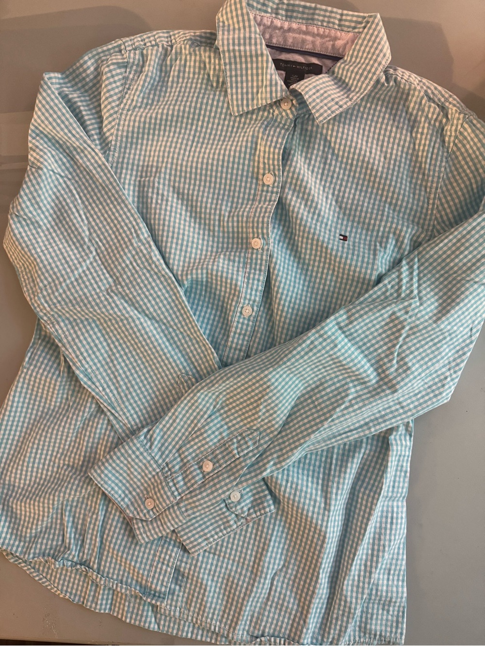 Tommy Hilfiger Women’s Light Blue and White Gingham Button-Down Shirt Size S